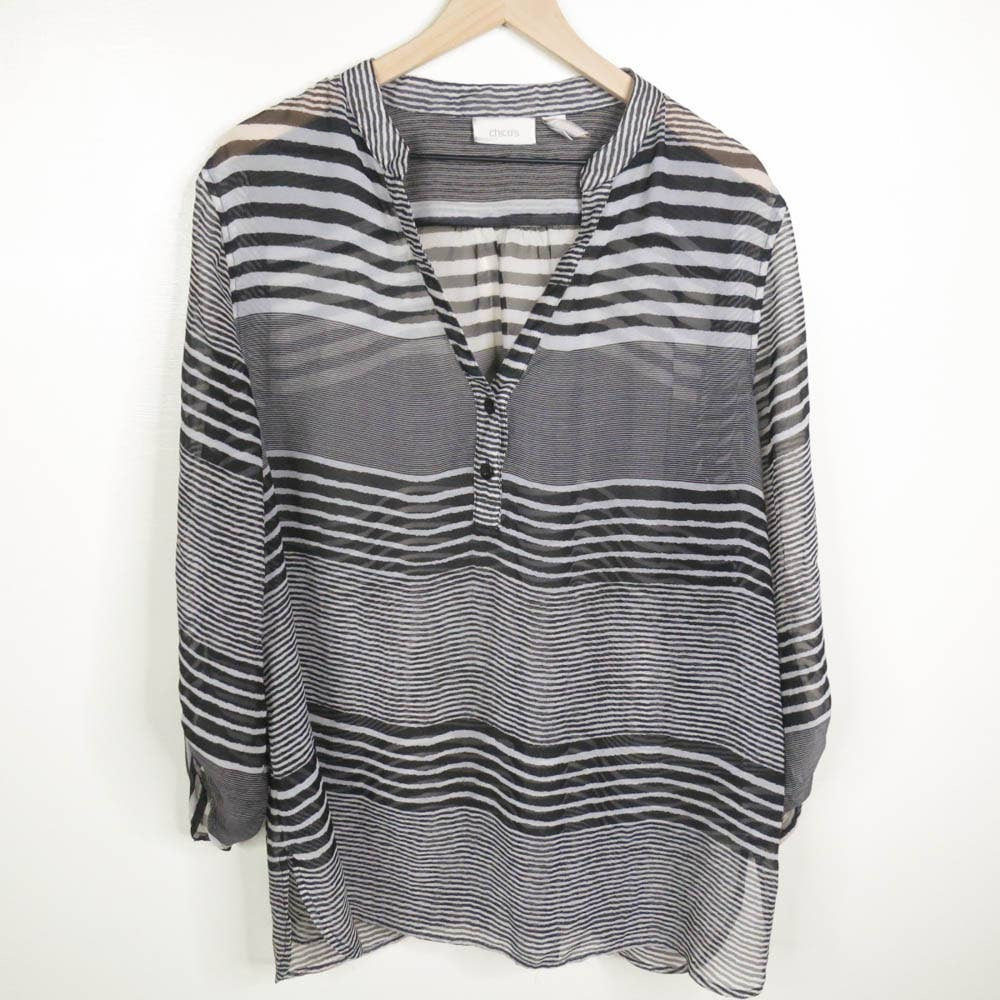 Chico's Sheer Black White Striped Blouse XL